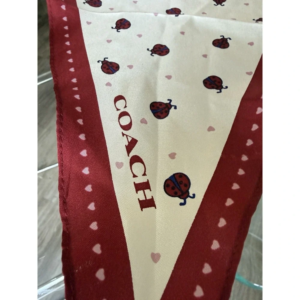 Coach 662 Silk Scarf Ladybug Heart Print Red Chalk Bandana Wrap Tie Lucky 36" - Picture 2 of 4